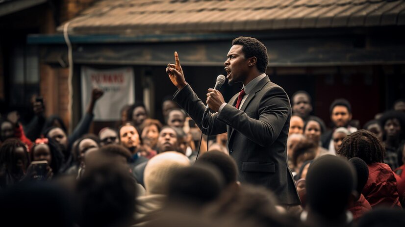 A young man addressing a crowd